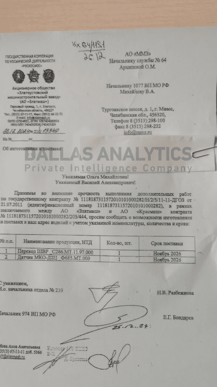 Zlatmash letter to the Miass Machine-Building Plant, 26 December 2024.