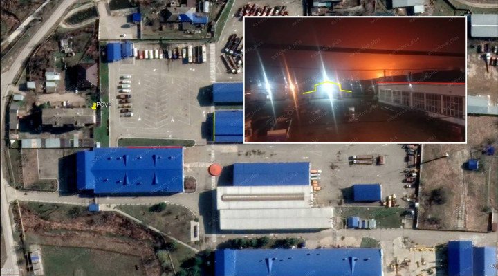 Visual confirmation of fire direction from a second location near the Afipsky refinery. Overlayed night photo shows flame glow over the refinery’s eastern sector, matched with rooftop outlines and structural edges. (Source: Exilenova+) Visual confirmation of fire direction from a second location near the Afipsky refinery. Overlayed night photo shows flame glow over the refinery’s eastern sector, matched with rooftop outlines and structural edges. (Source: Exilenova+)