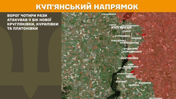 Mapa del frente de Kupiansk: fuerzas rusas lanzaron cuatro ataques en dirección a Nova Kruhliakivka, Kurylivka y Platonivka, intentando avanzar en el sector sin éxito significativo – 26 de marzo de 2026. (Foto: Estado Mayor de las Fuerzas Armadas de Ucrania) mapa frente Kupiansk Ucrania 26 marzo 2026 ataques rusos Nova Kruhliakivka Kurylivka Platonivka ofensiva combates guerra