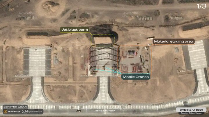 Satellite imagery showing a bomber shelter under construction, jet blast barriers, and construction equipment at Russia’s Engels-2 air base on September 5, 2026. (Source: Airbus Defence and Space/AviVector) Satellite imagery showing a bomber shelter under construction, jet blast barriers, and construction equipment at Russia’s Engels-2 air base on September 5, 2026. (Source: Airbus Defence and Space/AviVector)