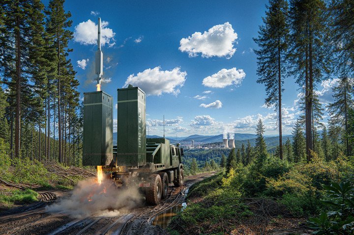 An IRIS-T SLS MK 4 short-range air defense system launches a missile from its mobile platform during a demonstration.