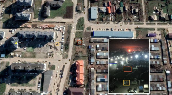 Viewpoint and fireball geolocation for the Afipsky refinery drone strike, based on night imagery alignment with surrounding buildings in Seversky District. Key reference structures are highlighted for positional confirmation. (Source: Exilenova+) Viewpoint and fireball geolocation for the Afipsky refinery drone strike, based on night imagery alignment with surrounding buildings in Seversky District. Key reference structures are highlighted for positional confirmation. (Source: Exilenova+)
