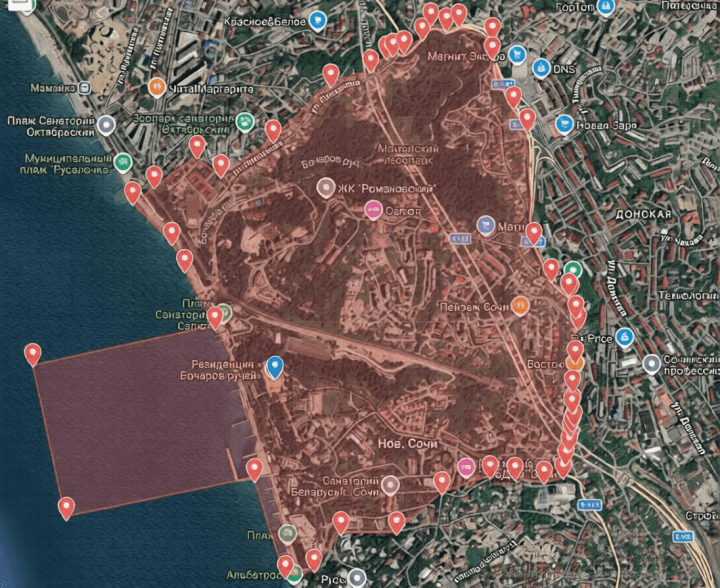 A map published by Agenstvo shows the proposed protected zone around Putin’s Bocharov Ruchey residence in Sochi, including restrictions covering nearby land and a section of the Black Sea. (Source: Agenstvo) A map published by Agenstvo shows the proposed protected zone around Putin’s Bocharov Ruchey residence in Sochi, including restrictions covering nearby land and a section of the Black Sea. (Source: Agenstvo)