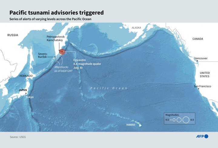 Infographic showing Pacific-wide tsunami alerts after 8.8-magnitude quake off Russia’s Kamchatka Peninsula, July 30, 2025. (Source: Getty Images) Infographic showing Pacific-wide tsunami alerts after 8.8-magnitude quake off Russia’s Kamchatka Peninsula, July 30, 2025. (Source: Getty Images)