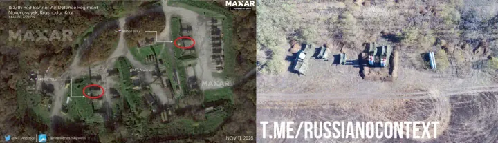 Una imagen comparativa de Maxar destaca dos presuntos lanzadores señuelo S-400 en el emplazamiento de defensa aérea de Novorossiysk, junto con una fotografía a nivel del suelo que muestra maquetas similares utilizadas por las fuerzas rusas. (Fuente: Maxar / MT Anderson; RussianContext Telegram) Una imagen comparativa de Maxar destaca dos presuntos lanzadores señuelo S-400 en el emplazamiento de defensa aérea de Novorossiysk, junto con una fotografía a nivel del suelo que muestra maquetas similares utilizadas por las fuerzas rusas. (Fuente: Maxar / MT Anderson; RussianContext Telegram)
