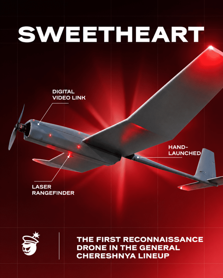 Promotional graphic of the Sweetheart fixed-wing reconnaissance drone, highlighting its digital video link, laser rangefinder, and hand-launch capability. (Source: General Chereshnya) Promotional graphic of the Sweetheart fixed-wing reconnaissance drone, highlighting its digital video link, laser rangefinder, and hand-launch capability. (Source: General Chereshnya)