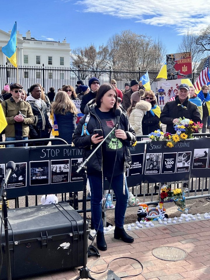 Olesia giving a speech outside the White House, Washington DC. March 13, 2022. Photo: Olesia Ostafiieva Olesia giving a speech outside the White House, Washington DC. March 13, 2022. Photo: Olesia Ostafiieva