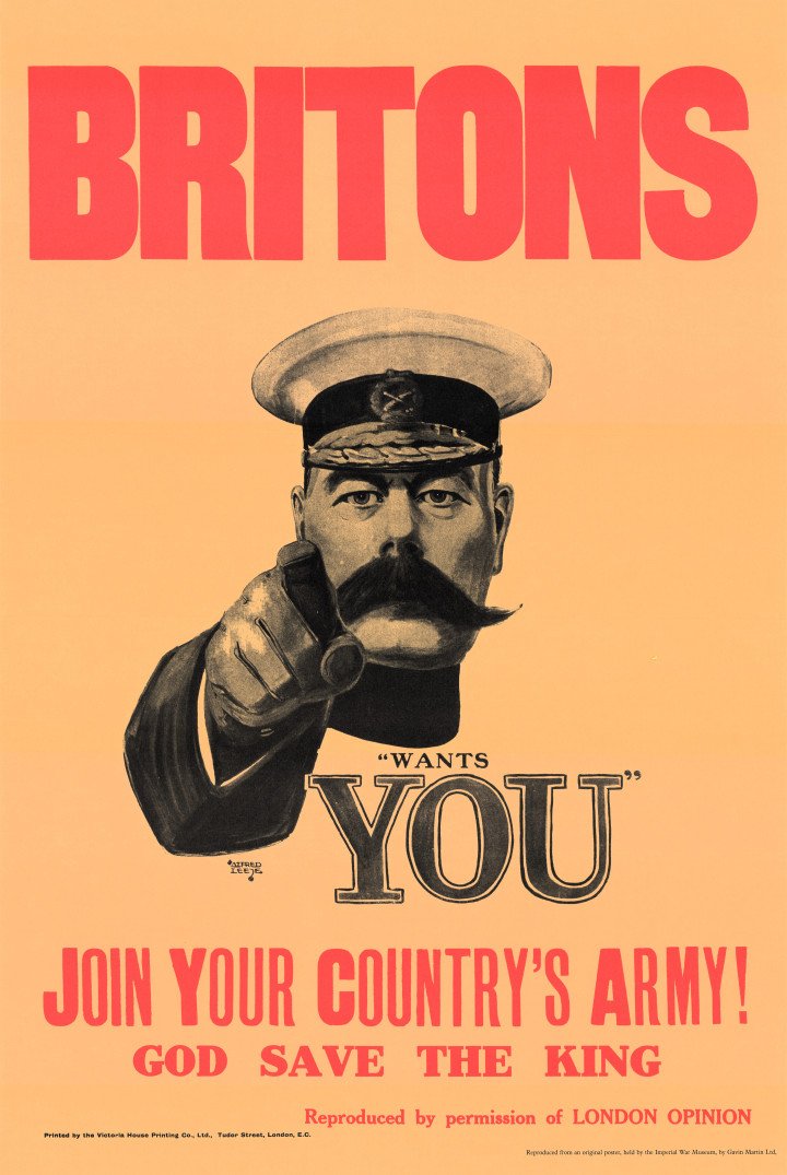 "Lord Kitchener Wants You", first published on 5 September 1914. Author: Alfred Leete.