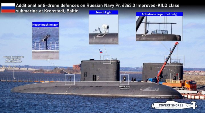Russian Project 06363 “Mozhaysk” (B-608) and Project 877EKM “Dmitrov” (B-806) submarines fitted with cage armor, a mounted machine gun, and additional modifications. (Source: H I Sutton)