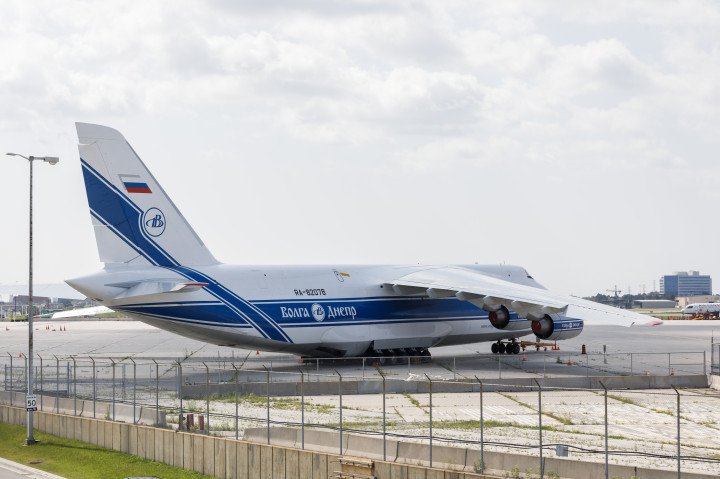 An Antonov 124 cargo aircraft that has been grounded since 2022 at Toronto Pearson Airport in Toronto, Ontario, Canada, on Tuesday, June 13, 2023.