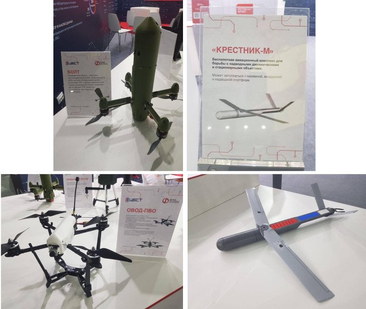 Russian BOLT, Krestnik-M, and Ovod-PVO interceptor drones on display. (Source: TheDeadDistrict / Militarnyi) Russian BOLT, Krestnik-M, and Ovod-PVO interceptor drones on display. (Source: TheDeadDistrict / Militarnyi)