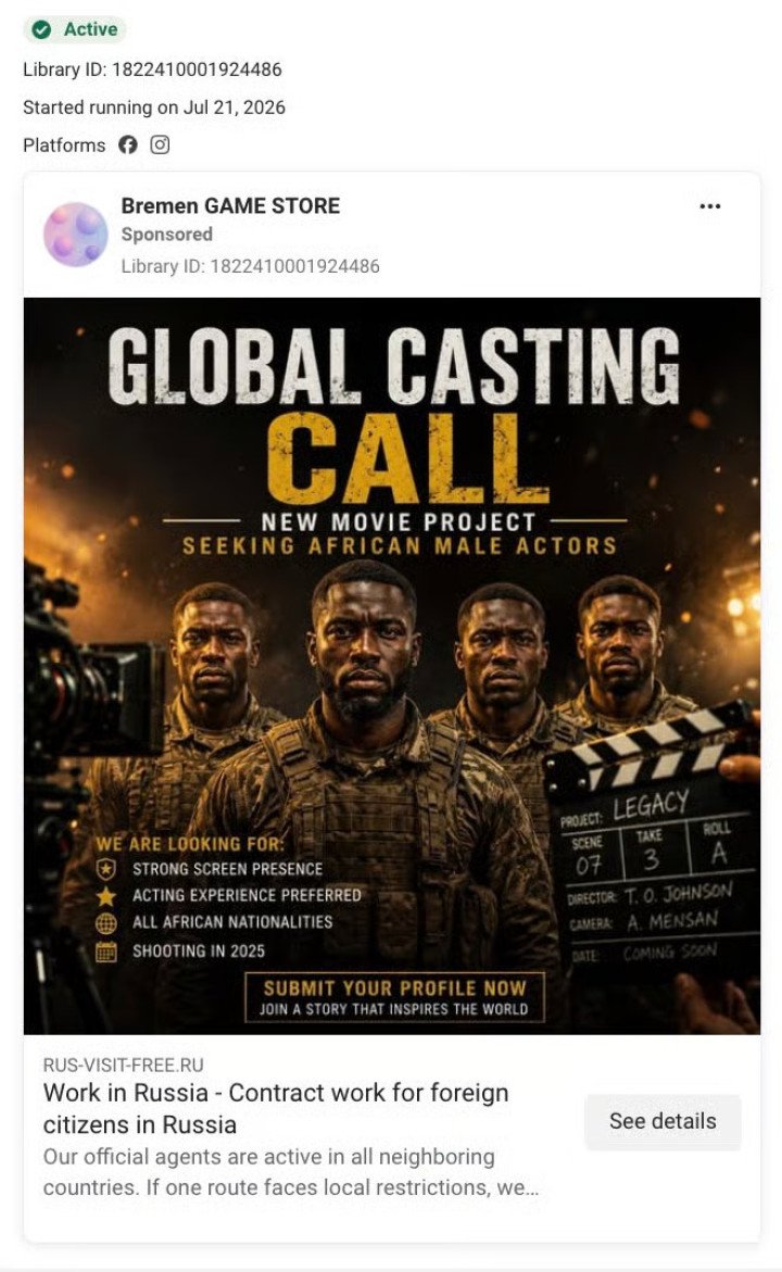 Facebook ad posing as a movie casting call seeking African male actors. (Source: Code for Africa)
