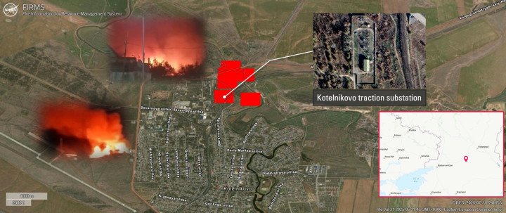 Fire near the Kotelnikovo railway station. (Source: OSINT Researcher Tatarigami_UA) Fire near the Kotelnikovo railway station. (Source: OSINT Researcher Tatarigami_UA)