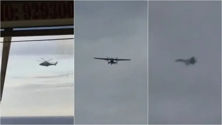 An Estonian AgustaWestland AW139 helicopter, M28 Skytruck aircraft, and a Russian Su-35 fighter jet were observed over the JAGUAR ship on May 14, 2025, in the Gulf of Finland. (Source: Russian media) An Estonian AgustaWestland AW139 helicopter, M28 Skytruck aircraft, and a Russian Su-35 fighter jet were observed over the JAGUAR ship on May 14, 2025, in the Gulf of Finland. (Source: Russian media)