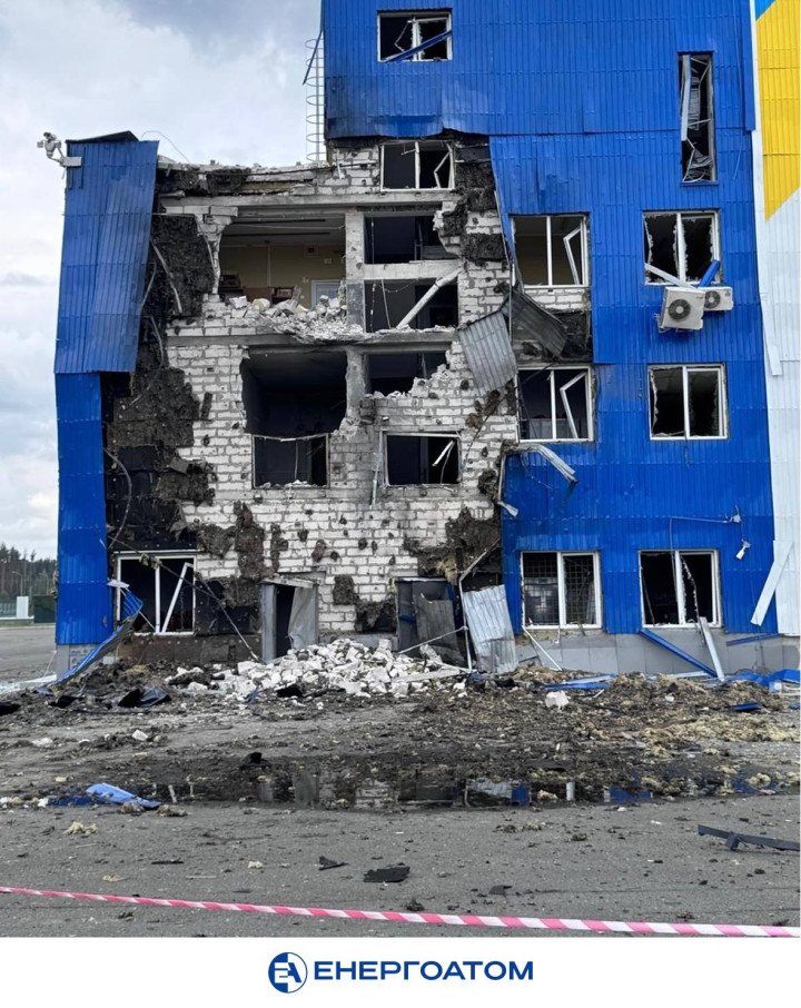 Close-up view of structural damage caused by the Russian drone strike on the spent nuclear fuel storage facility near Chornobyl. (Source: Energoatom)