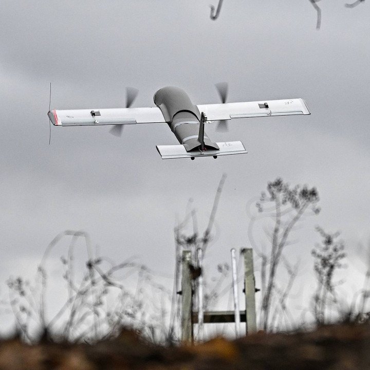 A Russian Molniya-2 fixed-wing strike drone in flight. (Source: Russian media) A Russian Molniya-2 fixed-wing strike drone in flight. (Source: Russian media)