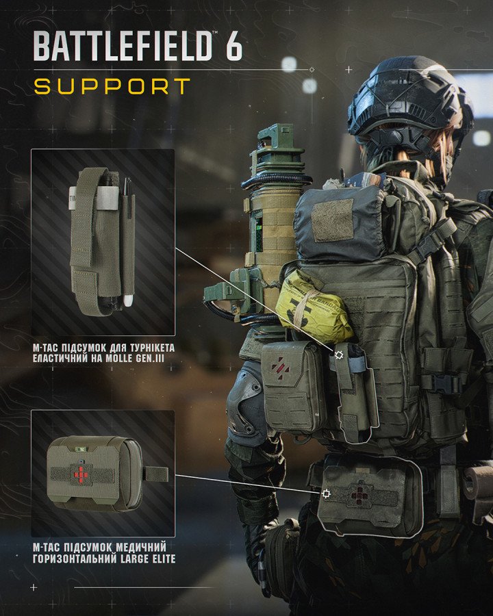 M-Tac’s elastic MOLLE Gen. III tourniquet holder and Large Elite horizontal medical pouch displayed on a Battlefield 6 Support-class unit. (Source: M-Tac/Battlefield Studios) M-Tac’s elastic MOLLE Gen. III tourniquet holder and Large Elite horizontal medical pouch displayed on a Battlefield 6 Support-class unit. (Source: M-Tac/Battlefield Studios)