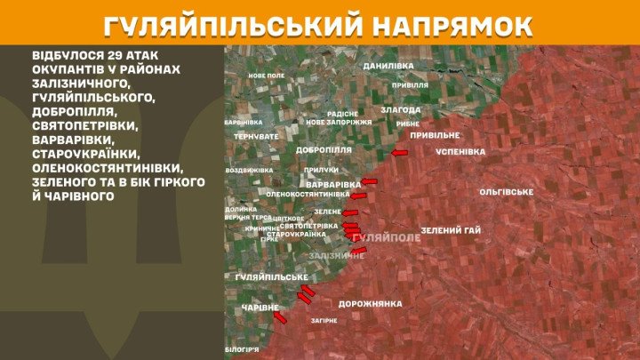 Mapa militar táctico que detalla las 29 oleadas de ataques rusos absorbidas y repelidas por la defensa ucraniana en el eje de Huliaipole el 29 de abril de 2026.