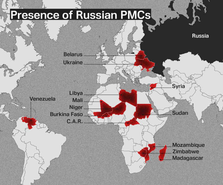 Mapa que muestra la expansión de fuerzas paramilitares rusas y estructuras sucesoras del Grupo Wagner, incluido el Africa Corps, vinculadas a abusos contra civiles y violencia sistemática en África, Oriente Medio y Europa del Este. (Foto: United24 Media)