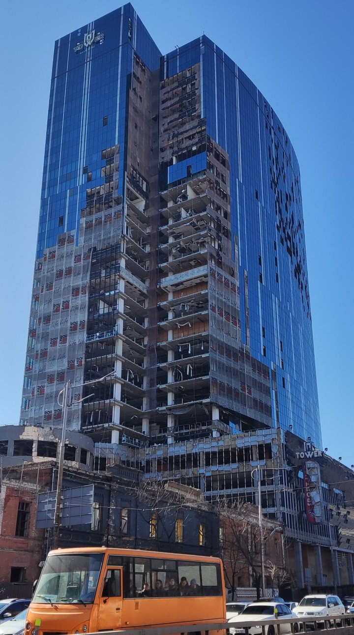 Damage remains visible on Kyiv’s 101 Tower after Russia’s October 10, 2022 missile strike on the capital. March 2026, Kyiv, Ukraine. (Photo: UNITED24 Media) Russian missile attack on civilian targets
