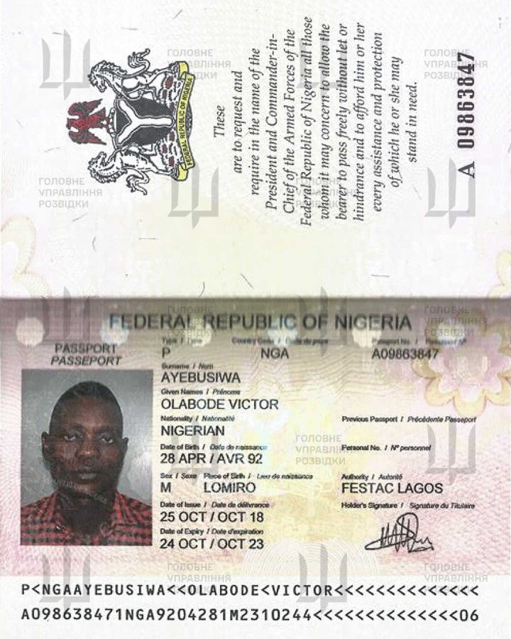 Passport documents identifying Nigerian national Ayebusiwa Olabode Victor, released by Ukrainian intelligence. (Source: HUR) Passport documents identifying Nigerian national Ayebusiwa Olabode Victor, released by Ukrainian intelligence. (Source: HUR)