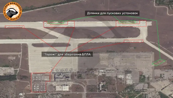 Annotated satellite image shows newly built UAV storage shelters and launch areas at Donetsk Airport. (Source: CyberBoroshno) Annotated satellite image shows newly built UAV storage shelters and launch areas at Donetsk Airport. (Source: CyberBoroshno)