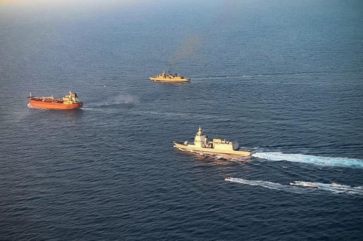 EU naval vessels escort the sanctioned tanker Toa Payoh during an inspection in the Mediterranean Sea, August 2, 2026. (Source: Italian Defense Ministry)