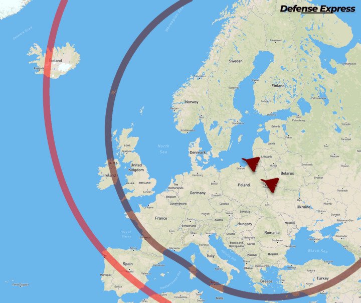 Map showing potential Shahed drone strikes from Belarus with ranges of 1,800 km and 2,500 km across Europe. (Source: Defense Express)