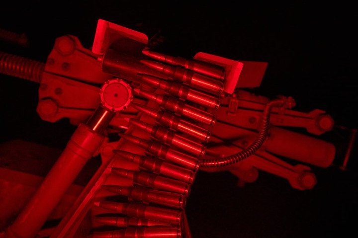 1. Ammunition belt feeding a Sky Sentinel anti-drone turret during nighttime operations. (Source: UNITED24 Media)
