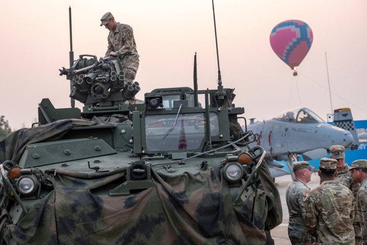 An American military officer inspects the Stryker M1126 combat vehicle on display during the Vietnam International Defense Expo 2024. (Source: Linh Pham via Getty Images) An American military officer inspects the Stryker M1126 combat vehicle on display during the Vietnam International Defense Expo 2024. (Source: Linh Pham via Getty Images)