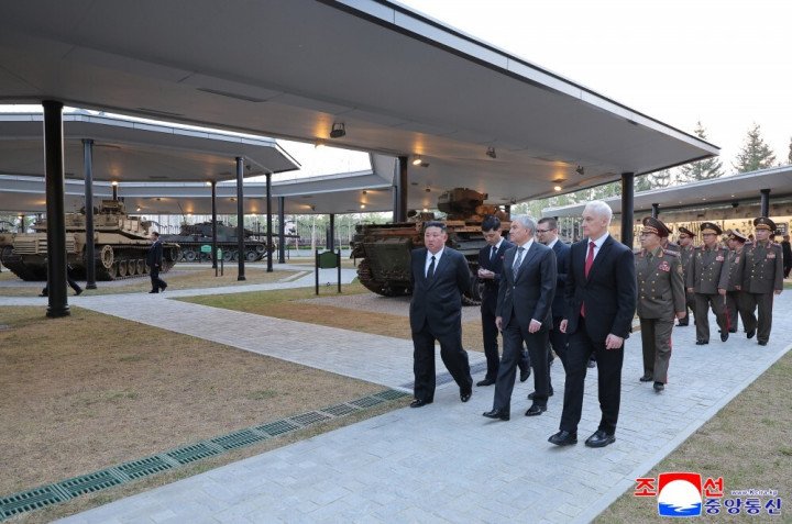 Kim Jong Un and Russian Defense Minister Andrei Belousov walk through an outdoor exhibition of armored vehicles at a newly opened military museum in Pyongyang, April 2026. (Source: KCNA)