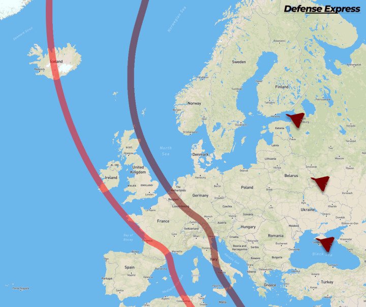 Russian Shahed drone range map showing strikes up to 2,500 km across Europe, including Spain. (Source: Defense Express)
