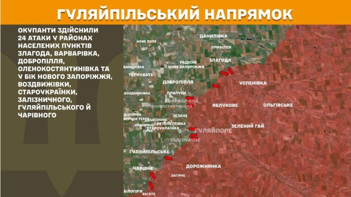 Mapa del frente en el eje de Huliaipole que muestra las 24 ofensivas terrestres ejecutadas por las tropas rusas.