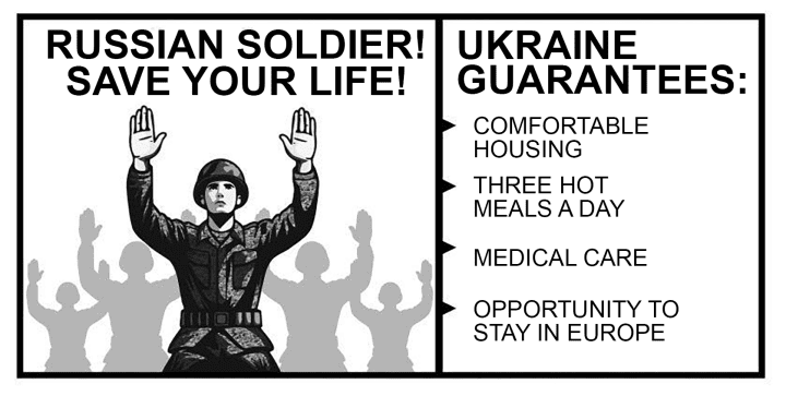 Ejemplo traducido de un volante titulado «Quiero vivir» lanzado sobre las posiciones rusas, instando a los soldados a rendirse. También incluye contactos de Telegram y WhatsApp, una línea directa y el sitio web oficial.