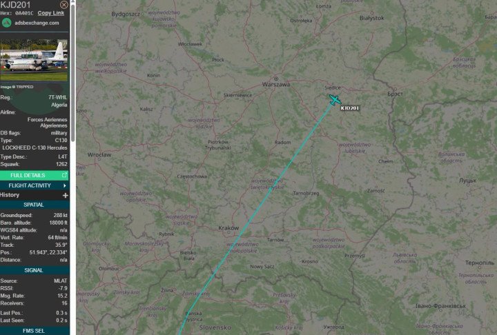 Flight route of an Algerian C-130H-30 Hercules on October 6, 2026. (Source: Polish Military Radar) Flight route of an Algerian C-130H-30 Hercules on October 6, 2026. (Source: Polish Military Radar)
