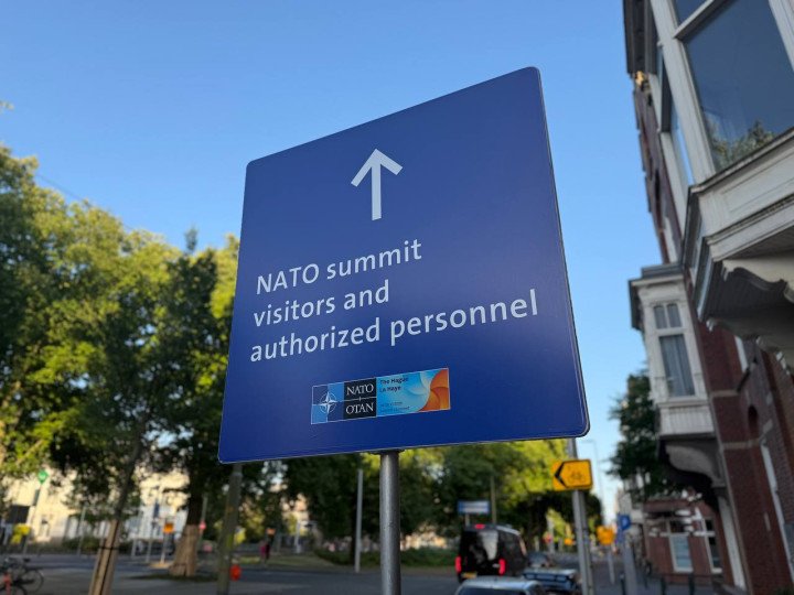 Signs have been installed in The Hague to show where the summit is taking place. Photo: UNITED24 Media Signs have been installed in The Hague to show where the summit is taking place. Photo: UNITED24 Media