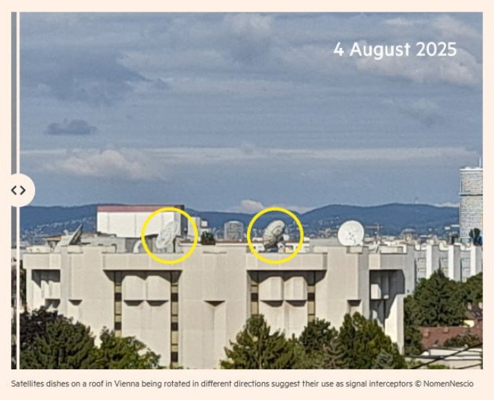 Comparison images show changes in positioning of satellite dishes on a Vienna rooftop over time. (Source: NomenNescio)
