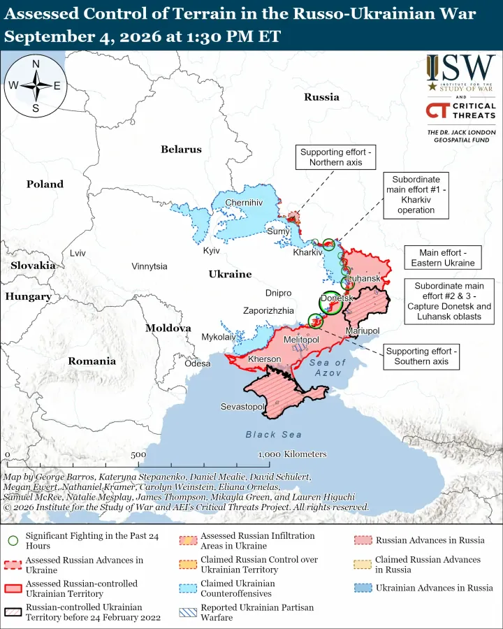 ISW map showing assessed control of terrain and key areas of fighting across Ukraine as of September 4, 2026. (Source: ISW)
