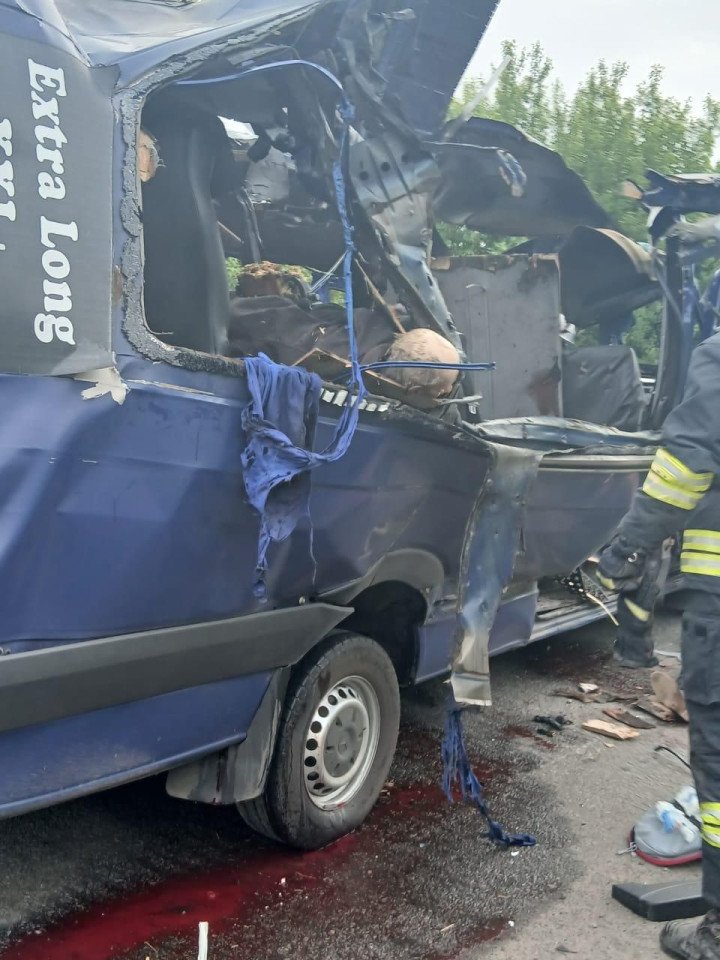 Rear view of the targeted evacuation bus showing extensive damage and blood on the road. (Source: SSU) Rear view of the targeted evacuation bus showing extensive damage and blood on the road. (Source: SSU)