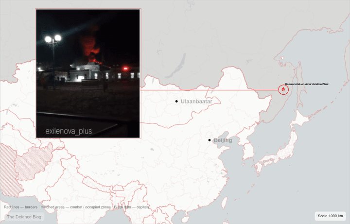 Night footage shows a fire at the Komsomolsk-on-Amur Aviation Plant (KnAAZ) following the April 11 incident, with the site marked on a regional map. (Source: Exilenova+) Night footage shows a fire at the Komsomolsk-on-Amur Aviation Plant (KnAAZ) following the April 11 incident, with the site marked on a regional map. (Source: Exilenova+)