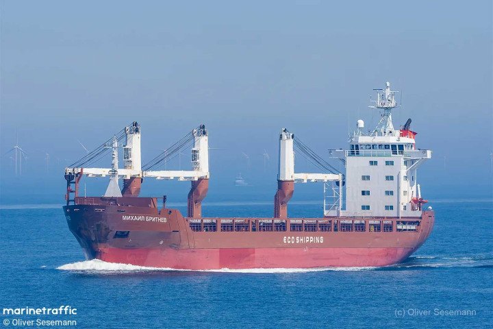 The Russian cargo ship Mikhail Britnev transports military equipment to Lomé, Togo, via Conakry, Guinea, where passengers reportedly traveling under cover identities disembarked in summer 2026. (Source: MarineTraffic)