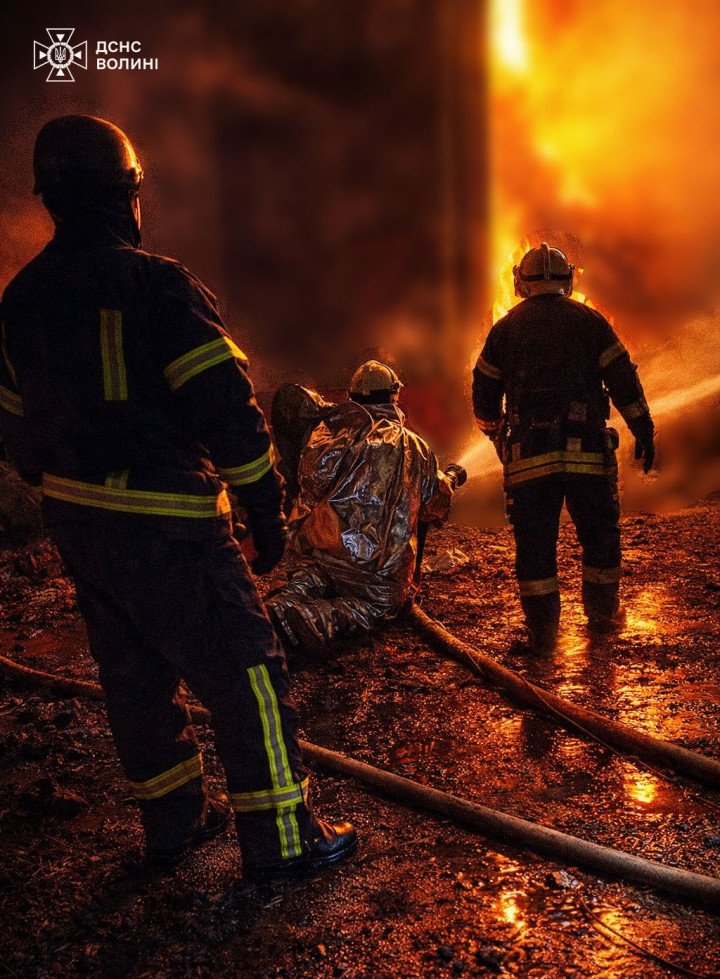 Emergency responders battle flames engulfing a facility struck during Russia’s combined missile and drone attack on western Ukraine. (Photo: DSNS Volyn)