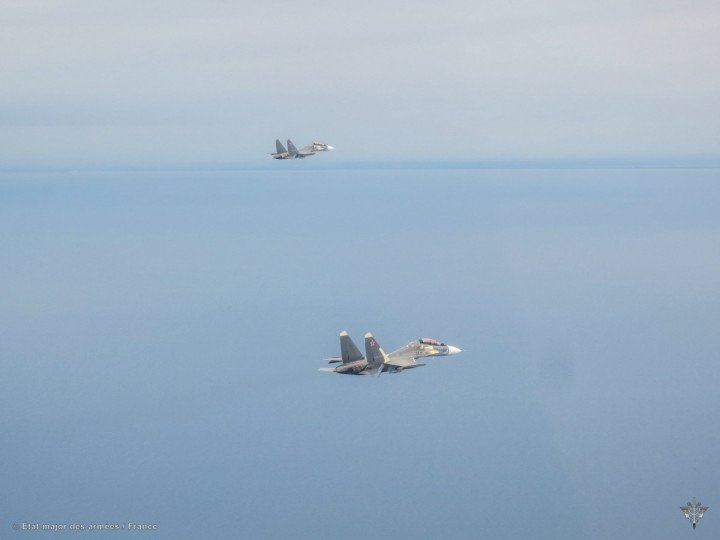 Two Russian Su-30SM fighters fly over the Baltic Sea during an interception by NATO air policing forces. (Source: France’s Armed Forces General Staff)