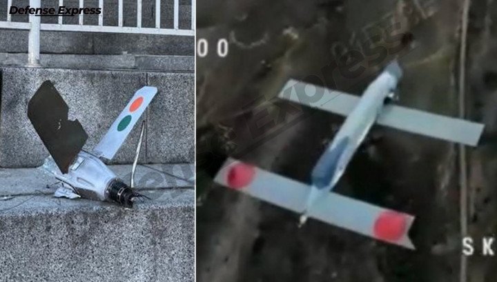 Fragments of a suspected Russian Lancet drone discovered in Kyiv compared with an aerial view of the Lancet loitering munition in flight. (Source: Defence Express)