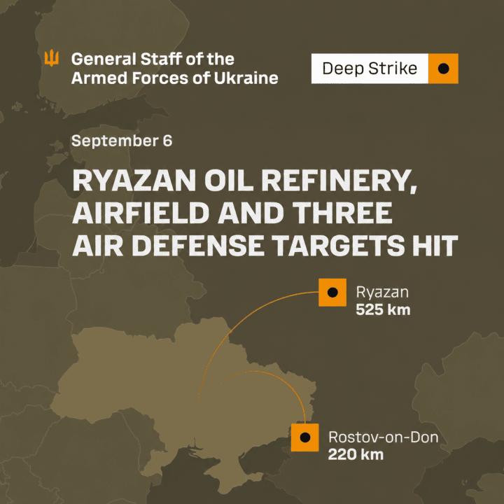 Map showing Ukrainian deep strikes on the Ryazan Oil Refinery and Rostov-on-Don airfield on September 6. (Source: General Staff of the Armed Forces of Ukraine) Map showing Ukrainian deep strikes on the Ryazan Oil Refinery and Rostov-on-Don airfield on September 6. (Source: General Staff of the Armed Forces of Ukraine)