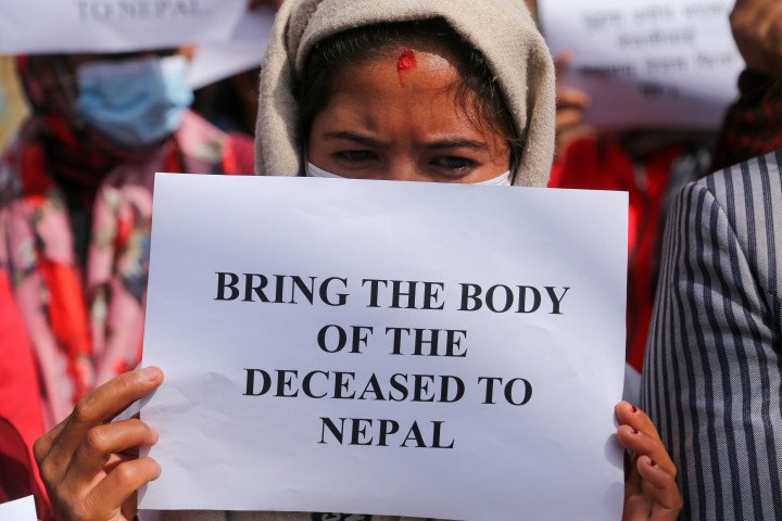 Family members and returnees from the Russian Army are demonstrating near the Russian Embassy in Kathmandu, Nepal, on February 6, 2024. (Source: Getty Images) Family members and returnees from the Russian Army are demonstrating near the Russian Embassy in Kathmandu, Nepal, on February 6, 2024. (Source: Getty Images)