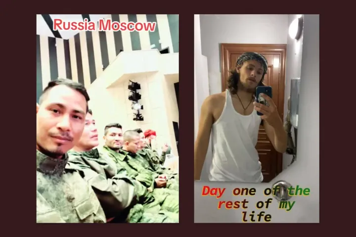 Michael with Nepalese volunteers at the Avangard training center; right: a photo from a Russian dating service, restored to its original version with the caption, “The first day of the rest of my life.” (Source: TikTok) Michael with Nepalese volunteers at the Avangard training center; right: a photo from a Russian dating service, restored to its original version with the caption, “The first day of the rest of my life.” (Source: TikTok)