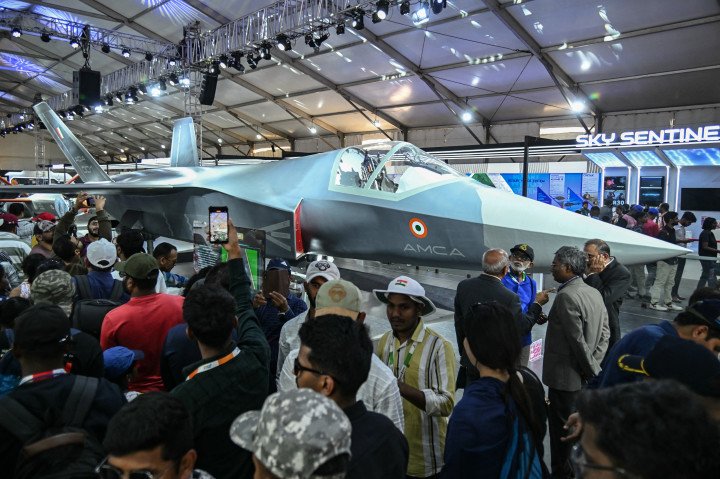 A full-scale model of India’s AMCA stealth fighter on display at Aero India 2025 in Bengaluru, February 2025. (Source: Getty Images) A full-scale model of India’s AMCA stealth fighter on display at Aero India 2025 in Bengaluru, February 2025. (Source: Getty Images)