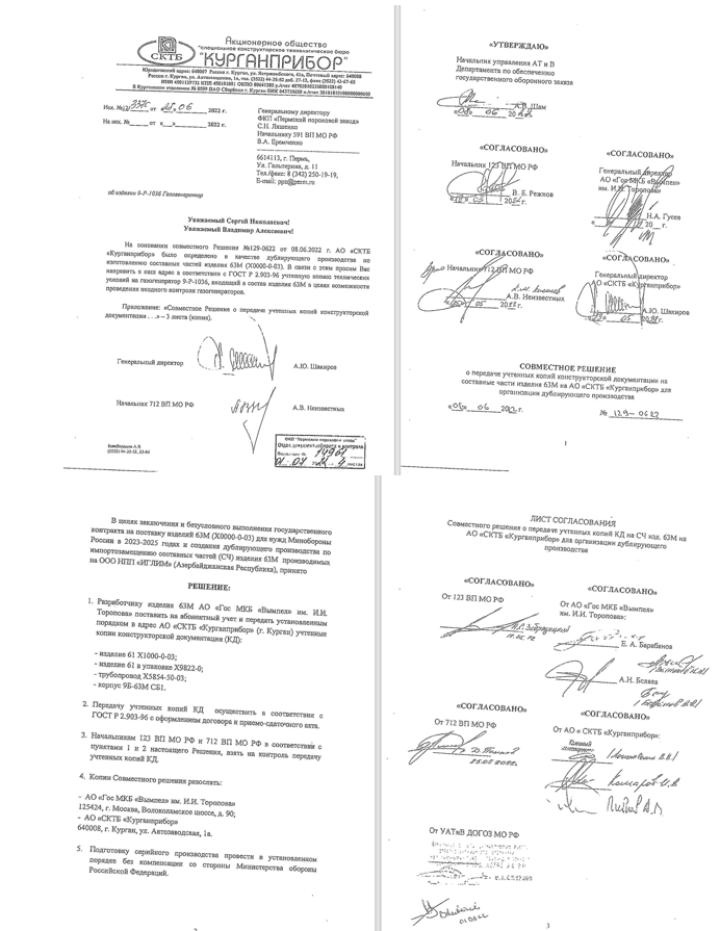 This letter corroborates that 63M is part of the missile chain. Letter from Kurganpribor