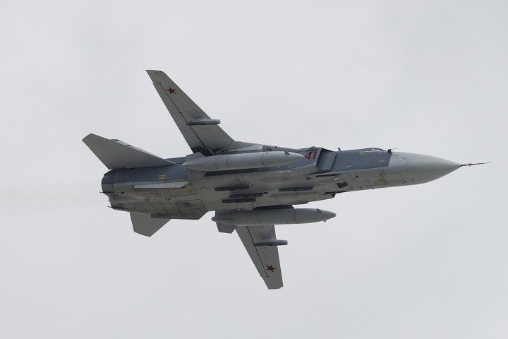 A Russian Su-24 flies over the Kremlin, on May 7, 2021, in Moscow, Russia.